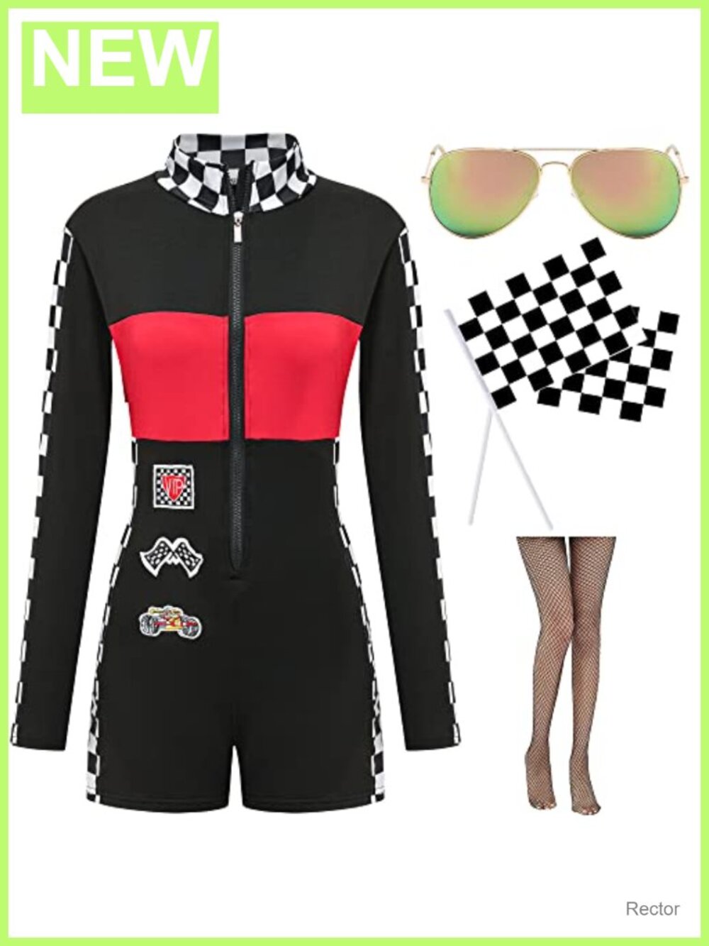 Race Car Driver Costume Set Jumper Sunglasses Flags Tights Halloween